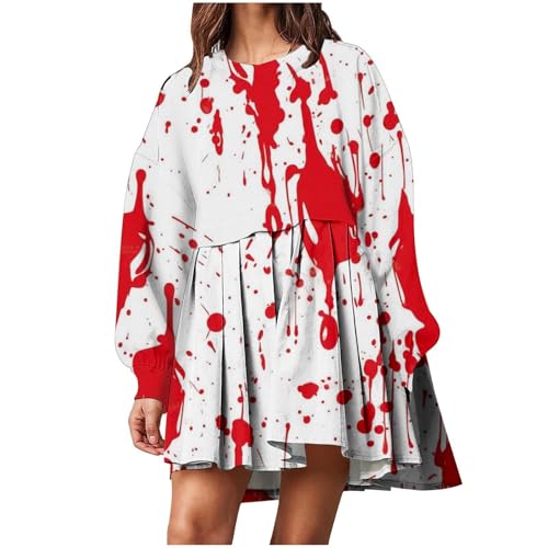 kostüm Halloween Damen, Halloween Kostüm Damen Gruselig Mit Blutflecken-Aufdruck Langärmliges Blutiges Kleid Mit Taschen Halloween Kleid Damen 21 Weiß XXL von LKRSEEF