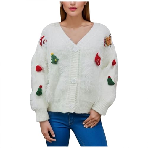 lustige Weihnachtspullover, Dutzende Stile Weihnachtspullover Damen Dünne Pullover Damen Herbst Outfit Strickpullover Damen Sweatshirt Langarm Pulli Damen Ugly Christmas Sweater Damen 14 Weiß XL von LKRSEEF