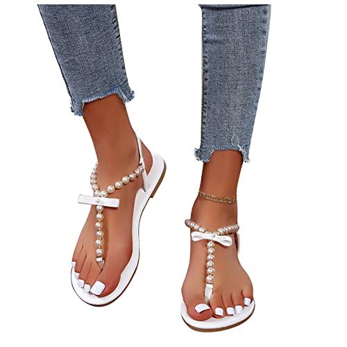 LLDG Damen Zehentrenner sandalen mode Perlen besetzte Flip-Flops Freizeit Flache Strandsandalen Elegante Retro Sommer Offene Schuhe Lässige Slingback Sandalen Sommer Slipper Lässige schlappen von LLDG