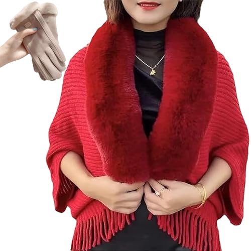 LLDYAN Permitime Shawl, Knitting Thick Women's Loose Shawl with Fur Collar, Women's Winter Shawl Fur Collar (Red,One Size) von LLDYAN