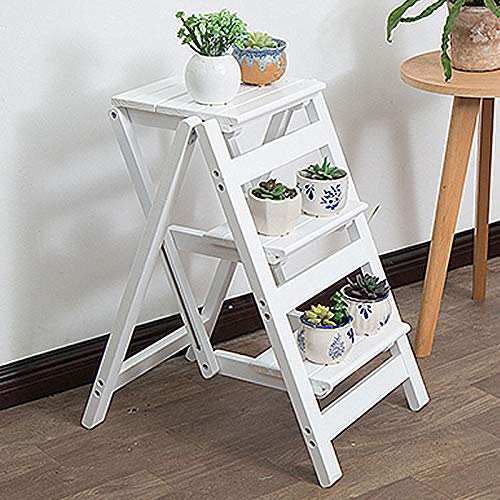 Klappbarer Tritthocker aus Massivholz, 3 Stufen, Leiter, Pflanzenständer, Aufbewahrungsregal für den Innenbereich, für Balkon, Garten, Küche, Bibliothek, Stufen, Schlafzimmerhocker (weiß) Vigorous von LMHAUSS