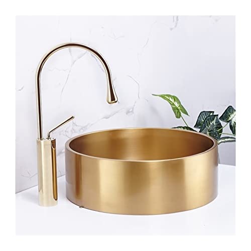 LMHAUSS Badezimmer-Waschbecken, goldfarbenes Edelstahl-Aufsatzwaschbecken-Set, rundes Badezimmer-Waschbecken, Waschbecken, Hotel-Villa-Kunstbecken, Badezimmer-Waschbecken, Schüssel mit Wasserhahn für von LMHAUSS