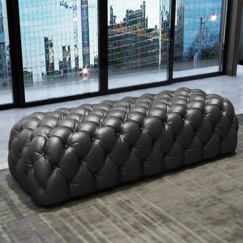 LMHAUSS Luxuriöser, mit Knöpfen gepolsterter Ottoman-Hocker für Wohnzimmer, Schlafzimmer, Eingangsbereich, weiße rechteckige Lederbank, Fußstütze, 99 x 45 x 43 cm Vigorous von LMHAUSS