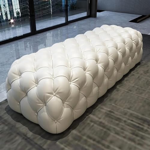 LMHAUSS Luxuriöser Ottoman-Hocker aus weißem Leder mit Knöpfen, Bequeme rechteckige Polsterbank für Wohnzimmer, Schlafzimmer, Eingangsbereich, 100 x 45 x 42 cm Vigorous von LMHAUSS