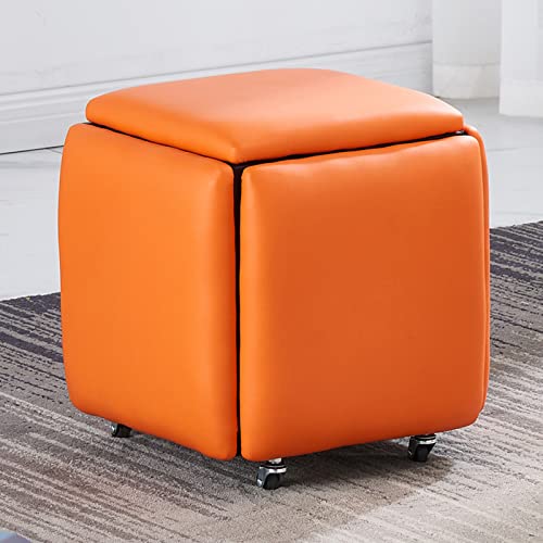 Moderne quadratische Ottoman-Bank aus Leder, 5-in-1-Sitzwürfelhocker, stapelbare Kombinationsfußstütze auf Rollen für Wohnzimmer oder Esszimmer, stilvolles orangefarbenes Design, 35 x 35 x 35 cm (14 von LMHAUSS