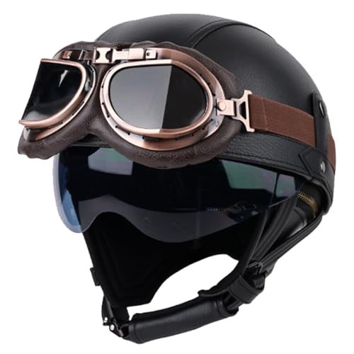 Leder Halbhelme Retro Motorrad Halbschalenhelm JetHelm mit Visier Schnellverschluss Schnalle für Cruiser Chopper Biker Moped Halbschalenhelm Damen Herren C1,S=55-56CM von LMZQPTN