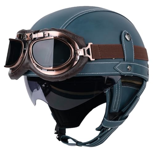 Leder Halbhelme Retro Motorrad Halbschalenhelm JetHelm mit Visier Schnellverschluss Schnalle für Cruiser Chopper Biker Moped Halbschalenhelm Damen Herren E1,M=57-58CM von LMZQPTN