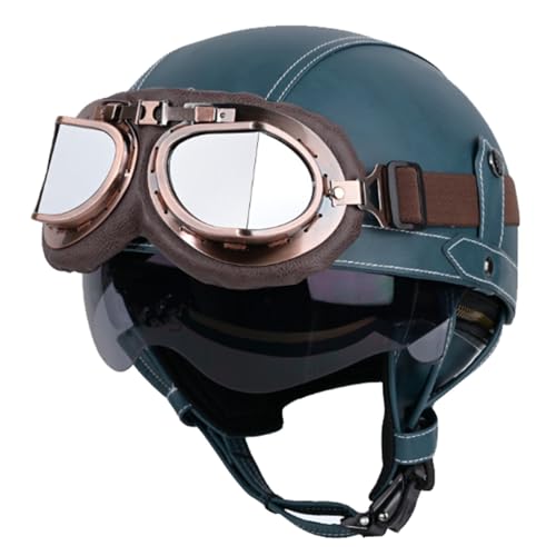 Leder Halbhelme Retro Motorrad Halbschalenhelm JetHelm mit Visier Schnellverschluss Schnalle für Cruiser Chopper Biker Moped Halbschalenhelm Damen Herren E2,S=55-56CM von LMZQPTN