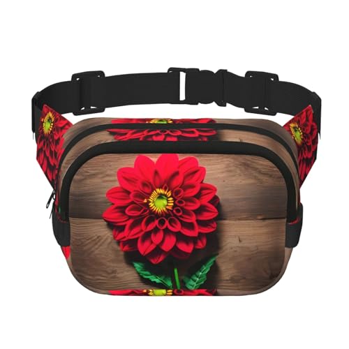 Gürteltasche mit Holzbrett, Retro-Blume, roter Dahlien-Druck, modische Gürteltasche, Gürteltasche für Damen, Crossbody-Tasche für Reisen, Laufen, Schwarz, Einheitsgröße von LNNIUK