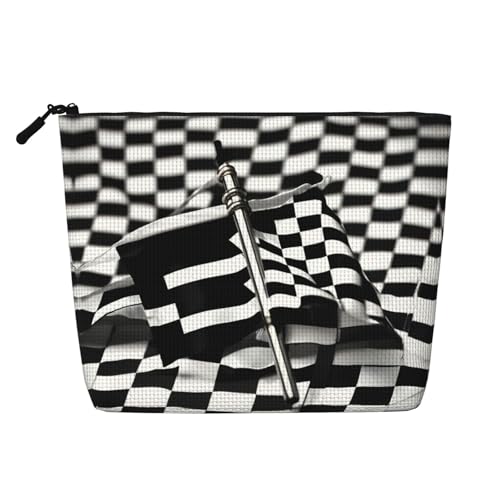 LNNIUK Make-up-Tasche mit karierten Flaggen, Motiv: Rennflaggen, Reißverschluss, Kosmetiktasche, groß, Reise-Make-up-Organizer aus Segeltuch, Schwarz, Einheitsgröße von LNNIUK