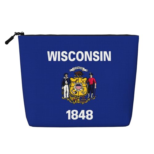 LNNIUK Wisconsin Make-up-Tasche mit Staatsflaggen-Druck, mit Reißverschluss, Kosmetiktasche, groß, Reise, Leinen, Make-up-Organizer, Schwarz, Einheitsgröße von LNNIUK