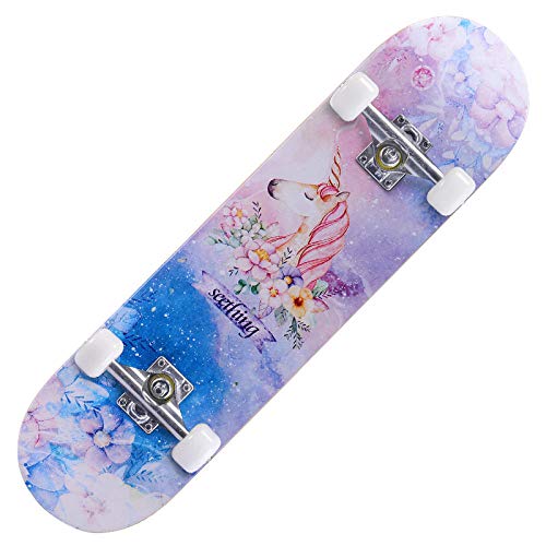 Skateboard Einhorn Lila Blau Skateboard Kinder ab 8 Jahre 80x20cm 7-Lagigem Ahornholz Longboard Double Kick Komplett für Anfänger Jungen Mädchen Erwachsene Profi Penny Board von LNXSESN