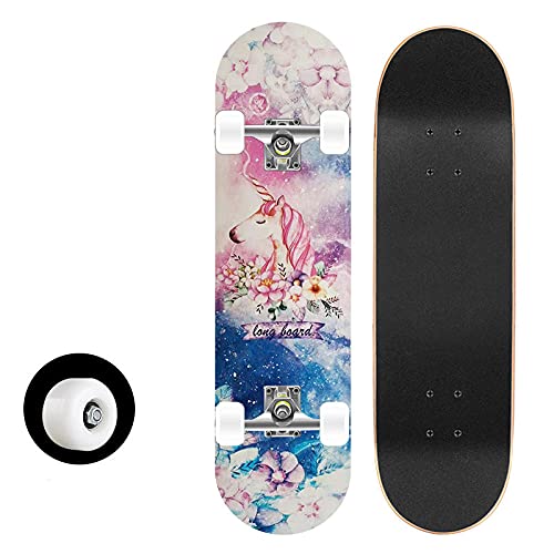 Skateboard Pastell Einhorn Skateboard Kinder ab 8 Jahre 80x20cm 7-Lagigem Ahornholz Longboard Double Kick Komplett für Anfänger Jungen Mädchen Erwachsene Profi Penny Board von LNXSESN