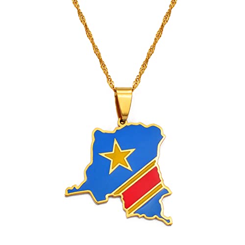 LODMLOER Democratic Republic of The Congo Pendant Necklaces - Retro Ethnic Hip Hop Map Flag Charm Pendant Necklace for Women Men Clavicle Chain Sweater Thin Chain Jewelry Party Gift von LODMLOER