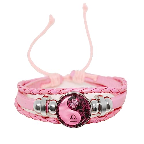 LODMLOER Waage 12 Sternzeichen Yin Yang Armbänder – Sternbild Glascabochon Rosa Lederarmreif Frauen Mädchen Geburtstagsgeschenke, Waage von LODMLOER