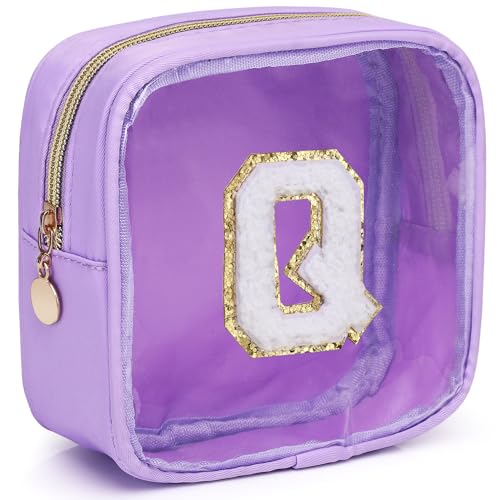 LOFOWN Initial Transparente Make-up-Tasche, kleine Kosmetiktasche, Reise-Kulturbeutel, transparenter Reißverschluss, Geldbörse, Organizer-Taschen für Damen, Violett, Q, Initial transparente von LOFOWN