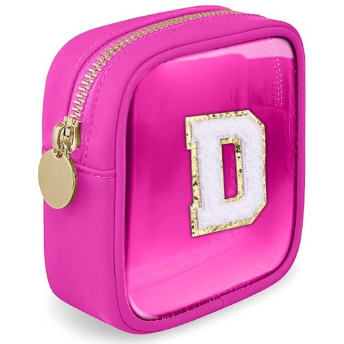 LOFOWN Transparente Mini-Make-up-Tasche mit Buchstaben, für Damen, Mini-Tasche mit Reißverschluss, Kosmetiktasche, Make-up, Reisen, Kulturbeutel, Organizer, Fuchsia, D, Initial transparente von LOFOWN