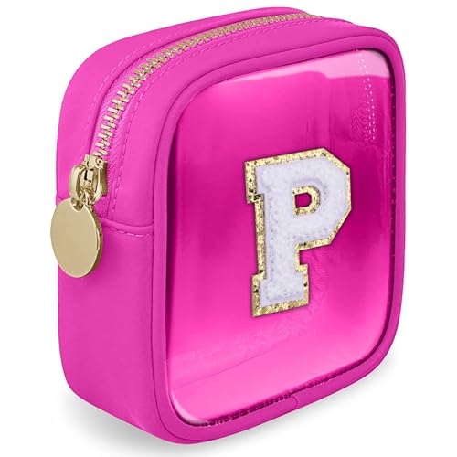 LOFOWN Transparente Mini-Make-up-Tasche mit Buchstaben, für Damen, Mini-Tasche mit Reißverschluss, Kosmetiktasche, Make-up, Reisen, Kulturbeutel, Organizer, Fuchsia, P, Initial transparente von LOFOWN