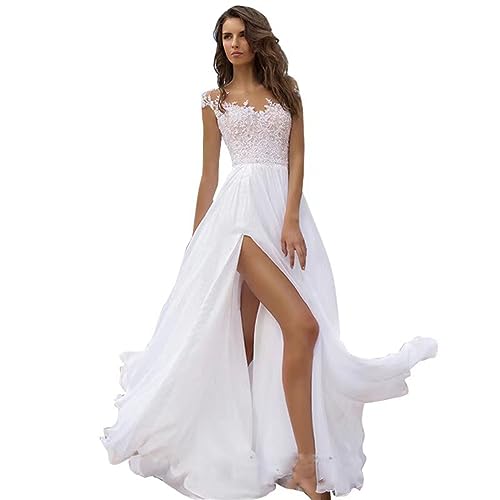 LOGEA Hochzeitskleid Damen Lang Brautkleider Elegant Spitze Brautmode Rückenfrei Abiball Prinzessin Kleider Abendkleider Elegant Für Hochzeit,Weiß,L von LOGEA