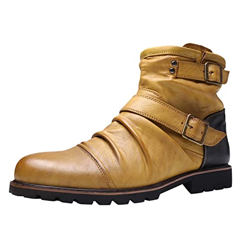 LOIJMK Snowboard Schuhe Herren Herrenschuhe High Top Lederstiefel Vintage Gürtelschnalle Plissee Seitlicher Reißverschluss Kurze Stiefel Herren Schuhe Gr. 44 (Yellow, 47) von LOIJMK