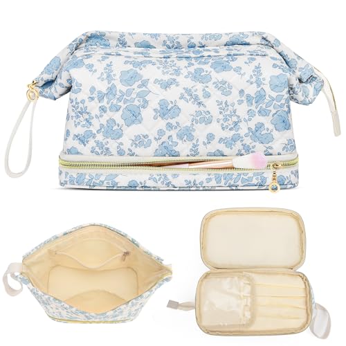 Reise Makeup Tasche, Gesteppte Kosmetiktasche aus Baumwolle, Große Doppellagige Make-up-Tasche für Frauen, Süße, Florale, Weit Geöffnete Make-up-Tasche als Geschenk für Mädchen Reise Makeup Tasche, Gesteppte Kosmetiktasche aus Baumwolle, Große Doppellagige Make-up-Tasche für Frauen, Süße, Florale, Weit Geöffnete Make-up-Tasche als Geschenk für Mädchen von LOKASS