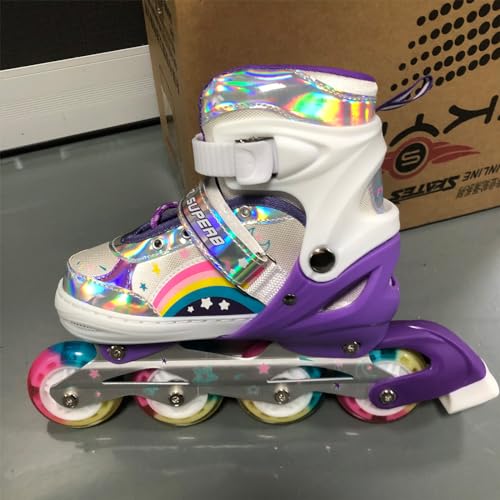 LOKJIJI Einstellbare Inline Skates für Kinder Mädchen Anfänger, Rainbow Inline Skates mit Light Up Wheels für Kinder und Jugend für drinnen draußen Sport Violett Regenbogen (Violett Regenbogen, S) von LOKJIJI