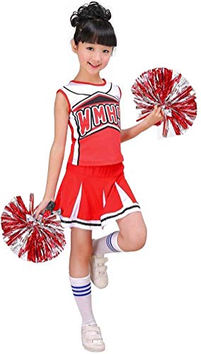 LOLANTA Mädchen rot & blau Cheerleader Kostüm befestigen Pom Poms Socken, Kinder Cheer Outfit Karneval Kostüm, Rot, 120 von LOLANTA