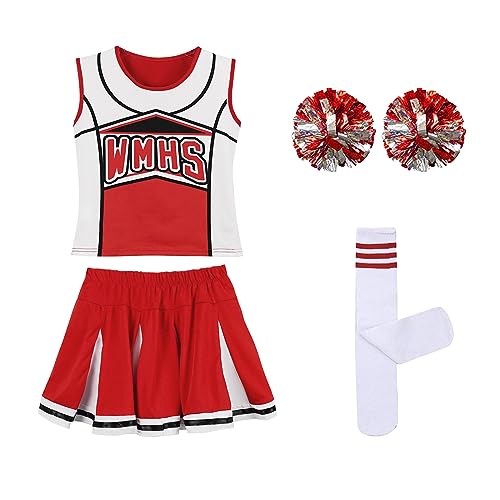 LOLANTA Mädchen rot & blau Cheerleader Kostüm befestigen Pom Poms Socken, Kinder Cheer Outfit Karneval Kostüm, Rot, 120 von LOLANTA