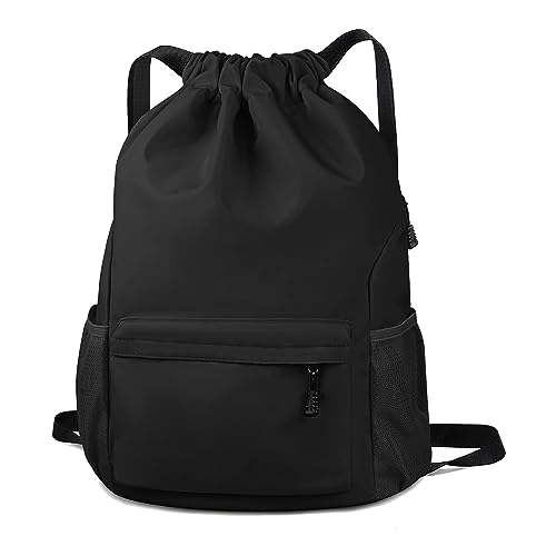 LOLPALONE Rucksack mit Kordelzug, Wasserdichter Rucksack mit Kordelzug und Seitentasche für Damen und Herren, Schwarz von LOLPALONE