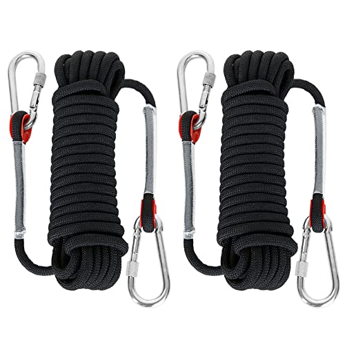 LOLYSIC Kletterseil, 2 Stück, schwarz, Kletterseil, 10 mm x 10 m, Sicherheitsseil mit 4 Karabinern, multifunktionales Seil, Abseilseil für Rettung, Flucht, Wandern, Höhlenforschung, Angeln, 2 Stück von LOLYSIC