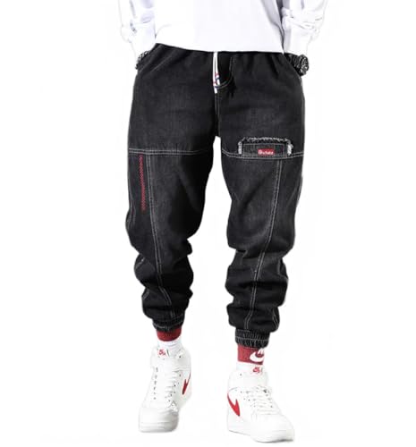 LOMATO Jeans Men Hip Hop Color Matching Cargo Pants Loose Tapped Harem Pants Fall Men Patchwork Black Jeans Oversized Denim Jeans,black1,2XL von LOMATO