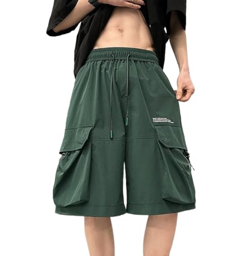 LOMATO Männer Shorts Japanischen Stil Hip Hop Streetwear Breite Knie Länge Cargo Hosen Neue Sommer Große Größe Männliche Badehose,Grün,2XL von LOMATO