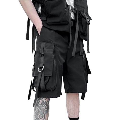 LOMATO Männer Taktische Cargo-Shorts Sommer Mode Funktionale Taschen Bänder Shorts Techwear Hip Hop Streetwear Knielange Hosen,Schwarz,XXL von LOMATO
