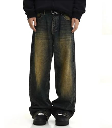 LOMATO Male Jeans Men's Trousers Regular Solid Color Straight Leg Pants Stylish Vintage Wash Baggy Y2k Fashion Streetwear,Blue,L von LOMATO