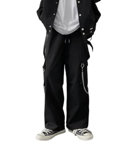 LOMATO Punk Black Cargo Pants with Chain Streetwear Men Wide Leg Trousers Harajuku Hip Hop Hombre Casual Jogger Pantalon Homme,Black,XL von LOMATO