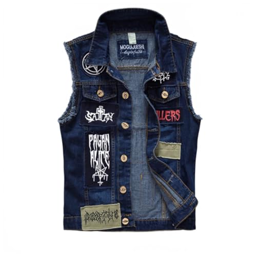 LOMATO Sommer Männer Leichte Denim Westen Mode Hip Hop Streetwear Jeans Ärmellose Jacke Männlich Punk Party Patch Denim Westen,Blau,L von LOMATO