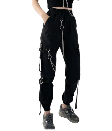 LOMATO Spring Summer Cargo Women's Pants Punk Black Female Joggers Streetwear Harem Ankle-Length Pants with Chain,Black,S von LOMATO