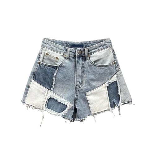 LOMATO Streetwear Kontrast Farbe Patchwork Denim Shorts Frauen Mode Hohe Taille Lose Kurze Jeans Weiblichen Sommer Neue Hose,Blau,31 von LOMATO