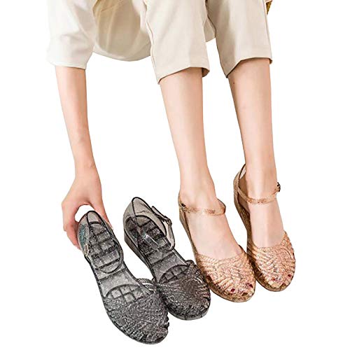 LONG-M Kristall Gelee Sandalen Kunststoff Sandalen Damen Transparent Nicht-Slip Strand Schuhe,Schwarz,38 von LONG-M