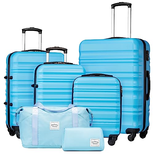 LONG VACATION Koffer handgepäck Trolley Koffer, Reisekoffer Set Reise Hartschalen Trolley 4 Rollen TSA-Schloss Der Koffer Enthält 1 Reisetasche und 1 Kulturbeutel(Himmelblau, Koffer-Set 6tlg) von LONG VACATION