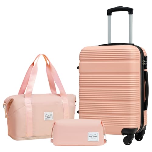 LONG VACATION Koffer handgepäck Trolley Koffer, Reisekoffer Set Reise Hartschalen Trolley 4 Rollen TSA-Schloss Der Koffer Enthält 1 Reisetasche und 1 Kulturbeutel(Rosa, Handgepäck-Set 3tlg) von LONG VACATION