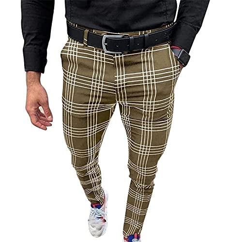 Herren Freizeithose Karierte Business Elegant Hose Mid Taille Gestreift Sweatpant Stretch Stoff Hose Streetwear Beiläufige Sporthosen Classic Chinohose Slim Fit Herrenhose freizeithose ( Color : Khaki von LONGPING