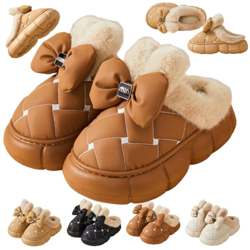 LONGTO Damen-Slipper mit niedlichem Schleifen-Design, Plüsch-gefüttert, Hausschuhe mit Schleife für Damen, warmes, rutschfestes, wasserdichtes Innenhaus mit Dicker Sohle für den Winter (Brown,40-41) von LONGTO