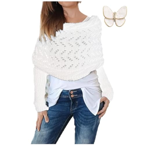 LONGTO Gestrickter Zopfmuster-Schal, gestrickter Schal mit Ärmeln, Damen, multifunktionaler Zopfmuster-Schal, Pullover, gestrickter Wickel, gehäkelt (White) von LONGTO