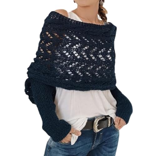 LONGTO Gestrickter Zopfwickel für Damen, Strickwickel, Pulloverschal mit Ärmeln, Strickschal mit Ärmeln für Damen, Schal-Pulloverwickel mit Ärmeln, Multifunktionale Boleros für Damen (Navy Blue) von LONGTO