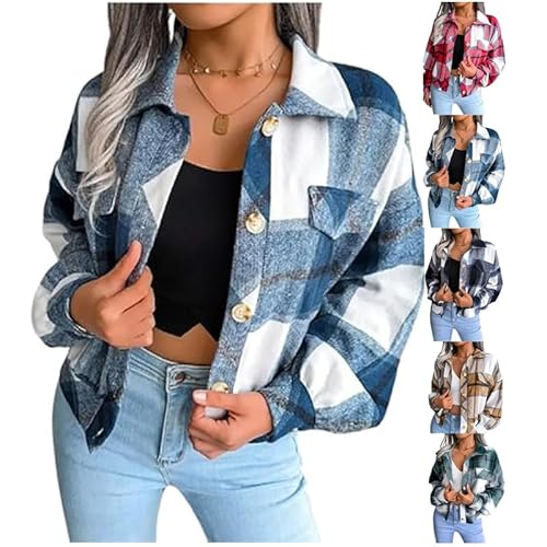 LONGTO Kurze Aluxora-Flanelljacke, Kurze Aluxora-Flanelljacke, Kurze Karierte Flanelljacke von Aluxora, Kurze Karierte Aluxora-Jacke, modisches Kariertes Button-Down-Hemd (Blue-1,M) von LONGTO