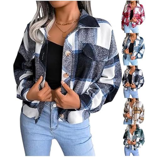 LONGTO Kurze Aluxora-Flanelljacke, Kurze Aluxora-Flanelljacke, Kurze Karierte Flanelljacke von Aluxora, Kurze Karierte Aluxora-Jacke, modisches Kariertes Button-Down-Hemd (Blue-2,M) von LONGTO