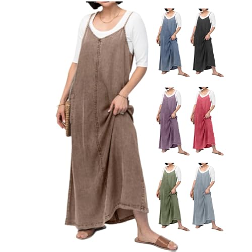 LONGTO Rosafarbenes Laura-Denim-Maxi-Pulloverkleid für Damen, Damen-Maxikleid mit V-Ausschnitt, Maxi-Jeanskleid mit Schnürung, ärmelloses Jeans-Overallkleid mit V-Ausschnitt (Brown,X-Large) von LONGTO