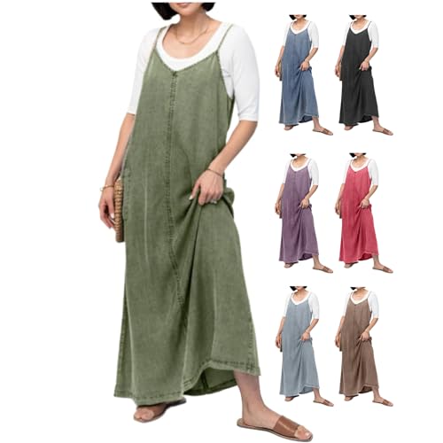 LONGTO Rosafarbenes Laura-Denim-Maxi-Pulloverkleid für Damen, Damen-Maxikleid mit V-Ausschnitt, Maxi-Jeanskleid mit Schnürung, ärmelloses Jeans-Overallkleid mit V-Ausschnitt (Green,Small) von LONGTO