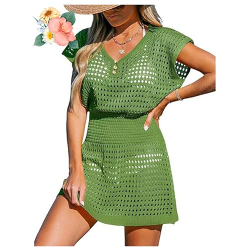 LONGTO Schwarzes Hole-Punch-Cover-Up-Kleid, Häkel-Cover-Ups für Frauen, Strand-Badeanzug-Cover-Up, hohles V-Ausschnitt-Sonnenschutz-Shirt, Mini-Tunika-Kleid (Green,XS) von LONGTO